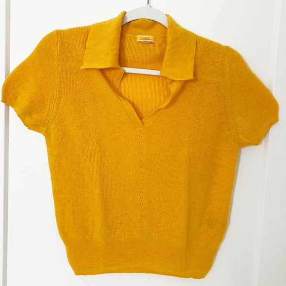 J Crew Yellow Featherweight Cashmere Collared Short Sleeve Sweater - M - Picture 2 of 4